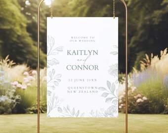 Wedding Welcome Sign Template, Garden Wedding Ceremony Sign, Botanical Wedding Reception Signage, Floral Wedding Decor, Portrait, QUEENSTOWN
