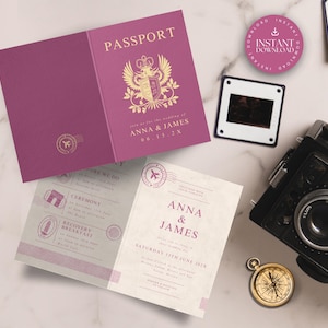 Modelo de convite de casamento com passaporte, cartão de convite para chá de panela, reserva de data para casamento em destino rosa, anúncio de casamento de viagem, TULUM