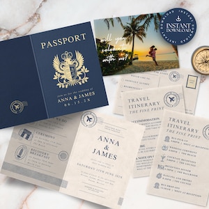 Modelo de pacote de convite de casamento para passaporte, convite de casamento de destino, cartão postal RSVP com foto de casal, cartão de detalhes de casamento para viagem, DIY, TULUM