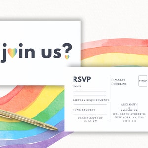 Modelo de cartão postal LGBTQ RSVP, cartão de inserção de convite de casamento do mesmo sexo, cartão de convite de casamento arco-íris, resposta gentil, São Francisco