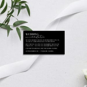 Modèle de carte de logement, faire-part de mariage minimaliste, carte détaillée de mariage noir et blanc, informations imprimables sur l'hôtel, Londres