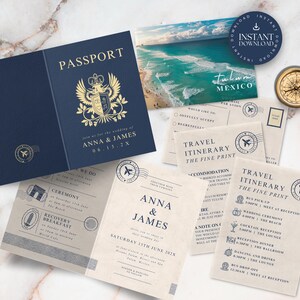 Passport Wedding Invitation Bundle Template, Destination Wedding Invitation Bundle, Tropical Wedding, Travel Theme, Canva Printable, TULUM
