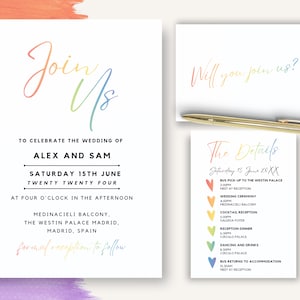 Rainbow Wedding Invitation Suite Canva Template, DIY Wedding Invite Kit, Same Sex Wedding Set, LGBT Wedding Gay Wedding Bundle, MADRID