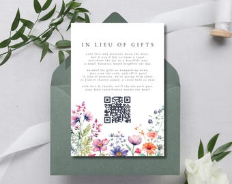 In Lieu of Gifts Card Template with QR Code, Wildflower Wedding Charity Donation Card, Botanical Wedding Wishing Well, Floral Wedding, LYON