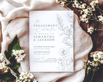 Engagement Invitation Template, Blue Engagement Party Invite, Botanical Wedding Save the Date, Garden Wedding Announcement, Floral Card NADI