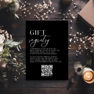 Modelo de cartão de código QR para registro de presentes, cartão minimalista de poço dos desejos de casamento, convite de casamento para impressão, preto e branco, LONDRES