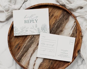 Wedding RSVP Postcard Template, Sage Green Wedding Invitation RSVP Card, Botanical Wedding Invite RSVP Insert, Enclosure Card, Queenstown