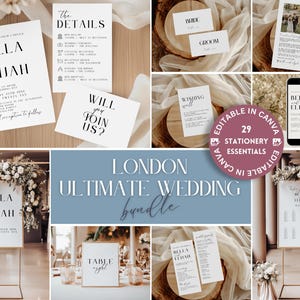 Minimalist Wedding Bundle, Black and White Wedding Invitation, Classic Wedding Invite Insert, Printable Wedding Sign, Canva Templates LONDON