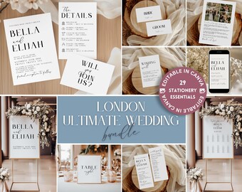 Minimalist Wedding Bundle, Black and White Wedding Invitation, Classic Wedding Invite Insert, Printable Wedding Sign, Canva Templates LONDON