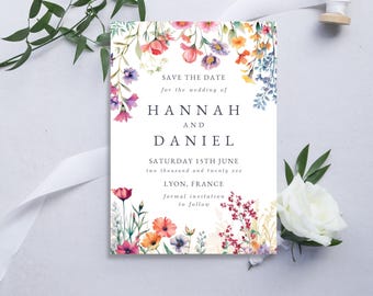 May include: A rectangular wedding save the date card featuring watercolor floral illustrations in pink, orange, purple, and green. The text reads: SAVE THE DATE for the wedding of HANNAH AND DANIEL SATURDAY 15TH JUNE two thousand and twenty xxx LYON, FRANCE.