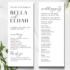 Hochzeitsprogramm-Vorlage, Minimalistische Hochzeits-Order of Service-Karte, klassische Zeitleiste des Hochzeitsplans, druckbare Zeremonie-Zeitplan, LONDON