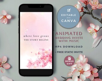 Animated Wedding Invitation Template, Cherry Blossom Wedding Digital Invitation, Wedding Video Invitation with Music, Canva, MP4, TOKYO