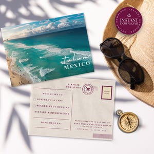 Antwortkarte für Hochzeit, Landkarte, Landkarte, Landkarte, Landkarte, Hochzeitskarte, Reisethema-Postkarte, Detail-Info, Strand, Rot, TULUM
