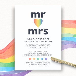 Modelo de convite de casamento LGBTQIA+, convite para casamento entre pessoas do mesmo sexo, cartão de reserva de data com tema arco-íris, anúncio de casamento para impressão, Canva, SÃO FRANCISCO