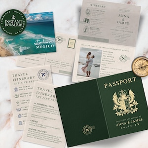 Passport Wedding Invitation Bundle Template, Destination Wedding Invite Set, Location RSVP Postcard, Green Wedding Details Card, Canva TULUM