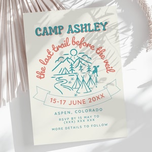 Junggesellinnenabschied Save the Date Kartenvorlage, Lager Junggesellinnenabschied Einladen, Küsten-Cowgirl Junggesellinnenabschied Einladung, Glamping Hens Party ASPEN