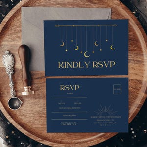 Bruiloft RSVP-kaartsjabloon, Celestial Wedding Invite insteekkaart, ansichtkaart antwoord, bewaar deze datumbijsluiter, maan en sterren, canvas, UBUD