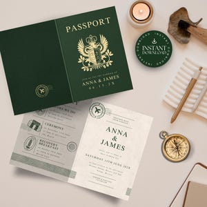 Passport Wedding Invitation Template, Destination Wedding Invite Card, Green Wedding Save the Date, DIY Wedding Announcement, Canva, TULUM