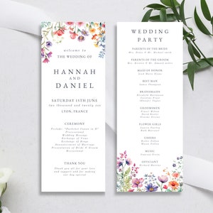 Doppelseitiges Hochzeitsprogramm-Vorlage, Wildblumen Hochzeit Ordnungskarte, Botanische Hochzeitsreise Zeitleiste, Hochzeitsparty, LYON