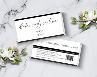 Wedding Chocolate Bar Wrapper Template, Wedding Favor Label, Minimalist Candy Bar Wrapper, Black and White Wedding Favor, Canva, LONDON