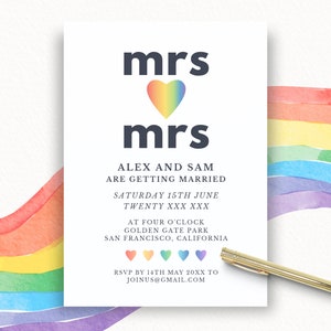 Modello di invito per matrimonio LGBTQ, invito per matrimonio lesbico, biglietto Save the Date arcobaleno, annuncio di matrimonio stampabile, Canva, SAN FRANCISCO