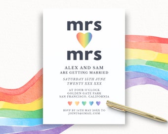 LGBTQ Wedding Invitation Template, Lesbian Wedding Invite, Rainbow Save the Date Card, Printable Wedding Announcement, Canva, SAN FRANCISCO