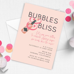 Plantilla de invitación para despedida de soltera, invitación para despedida de soltera de Vino Before Vows, Bubbles and Bliss, invitación para despedida de soltera, fiesta con champán, SONOMA