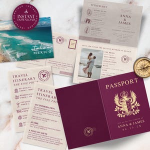 Passport Wedding Invitation Bundle Template, Destination Wedding Invite Set, Travel Theme Wedding Details Card, Red RSVP Postcard, TULUM