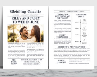 Wedding Newspaper Invite Template, Wedding Details Card, Wedding Timeline Itinerary Template, Save the Date, Canva Template, LOS ANGELES