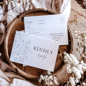Hochzeit Antwortkarte Vorlage, Schwarzweiß Antwortkarte, Wildblumen Hochzeit Briefpapier, Blumenhochzeit Personalisierte Antwortkarte, Sonoma