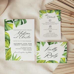 Wedding Invite Bundle Templates, Tropical Wedding Invitation, Destination Wedding RSVP Postcard, Travel Theme Wedding Details Card, DIY MAUI