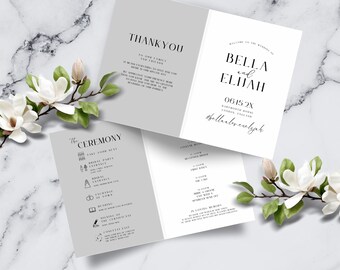 Wedding Program Template, Minimalist Wedding Order of Service Card, Black and White Wedding Itinerary Timeline, Ceremony Schedule, LONDON