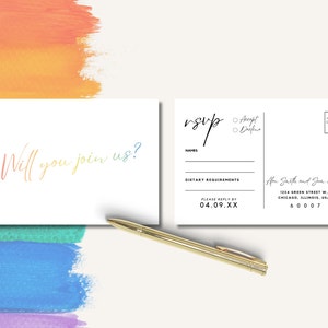 Modelo de cartão postal LGBTQ RSVP, cartão de inserção de convite de casamento do mesmo sexo, cartão de convite de casamento arco-íris, resposta gentil para impressão, MADRID