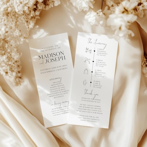 May include: Two elegant wedding invitation cards with black text on a white background. The left card welcomes guests to the wedding of Madison and Joseph, with ceremony details. The right card displays the wedding itinerary.