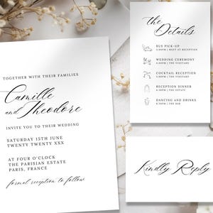 Modèle de lot de faire-part de mariage, faire-part de mariage classique, carte postale RSVP noir et blanc, carte de détails de mariage élégante, ensemble imprimable PARIS