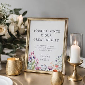 Plantilla de letrero para tarjetas y regalos, letrero de pozo de los deseos para boda con flores silvestres, letrero personalizado para recepción de boda botánica, Canva DIY, LYON