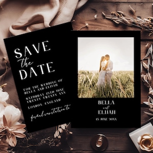 Save the Date Kartenvorlage mit Foto, Hochzeitseinladung Schwarz Weiß, Hochzeitseinladung Details, Polaroid Hochzeitsansage, LONDON