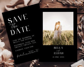 Modello Save the Date nero, biglietto Save the Date con foto, annuncio di matrimonio moderno in bianco e nero, modello Canva modificabile, LONDRA NERO