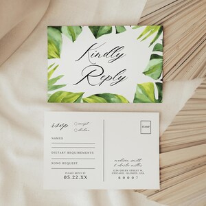 Sjabloon bruiloft RSVP-briefkaart, bestemming RSVP-kaart bruiloft, tropische huwelijksuitnodiging invoegen, antwoordkaart strandbruiloft, canvas MAUI