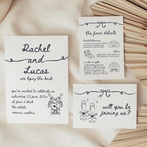 Lot de modèles de faire-part de mariage, faire-part de mariage dessiné à la main, carte de détails de mariage unique, carte postale RSVP lunatique, mariage tendance VIENNE