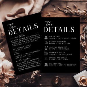 Hochzeitsdetails Kartenvorlage, Schwarz-Weiß-Hochzeitseinladung, moderne Hochzeitseinschlusskarte, Gastinformationshinweis LONDON BLACK