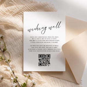 Modelo de cartão de QR Code Wishing Well, cartão clássico de fundo de lua de mel para casamento, caixa de inserção de casamento em preto e branco, cartão para impressão, SYDNEY