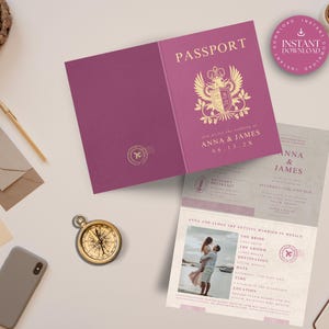 Sjabloon paspoort bruiloft uitnodiging, bestemming bruiloft uitnodigingskaart, roze bruiloft bewaar deze datum, reisthema huwelijksaankondiging, TULUM