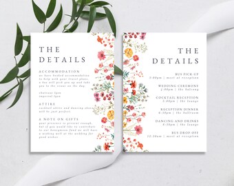 May include: A wedding invitation with floral details. The left side lists accommodation, attire, and a note on gifts. The right side lists the wedding day schedule, including the bus pick-up time, wedding ceremony, cocktail reception, reception dinner, dancing and drinks, and bus drop-off time.