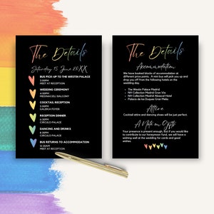 Modelo de cartão de detalhes de casamento LGBTQ, itinerário de fim de semana de casamento arco-íris, inserção de convite de casamento gay, cartão de informações de casamento do mesmo sexo, MADRID