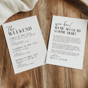 Modèle de lettre de bienvenue de mariage, carte de détails de mariage à destination, chronologie d'itinéraire de voyage pour sac de bienvenue, événements de week-end de mariage, Londres