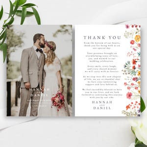 サンキューカードテンプレート、結婚式の写真付きワイルドフラワーウェディングサンキューノート、ゲストサンキューウェディングフォトカード、パーソナルメッセージ、LYON