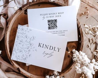 Wedding RSVP Card with QR Code Template, Black and White Wedding Details Card, Wildflower Wedding Stationery, Floral Wedding Insert, SONOMA