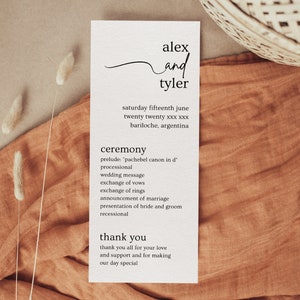 Hochzeitsprogramm-Vorlage, Minimalistische Hochzeits-Order of Service-Karte, Zeitleiste für die Schwarzweiß-Hochzeit, Hochzeitsfeier, BARILOCHE
