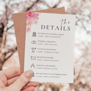 Plantilla de tarjeta de detalles de la boda, tarjeta de inserción de invitación de boda de flor de cerezo, recinto de invitación de boda rosa rubor, línea de tiempo del itinerario, TOKIO